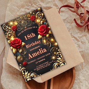 Editable Red and Gold Floral Birthday Invitation, Red Flowers Birthday Invite Template, Red Flowers Gold Frame, Instant Download