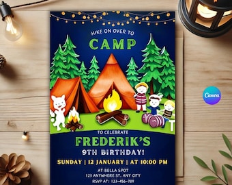 Camping Birthday Invitation, Forest Adventure Party (Digital Download)