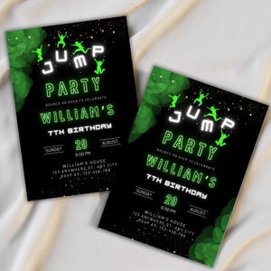 May include: Two rectangular party invitations with a black background, green smoke effects, and gold stars. The text reads JUMP PARTY, BOUNCE ON OVER TO CELEBRATE, WILLIAM'S 7TH BIRTHDAY, SUNDAY, 20 AUGUST, 9:00 PM, WILLIAM'S HOUSE, 123 ANYWHERE, ST, ANY CITY.