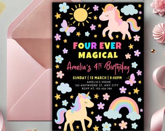Invitación de unicornio mágico para 4.º cumpleaños, plantilla de arcoíris pastel (editable en Canva)