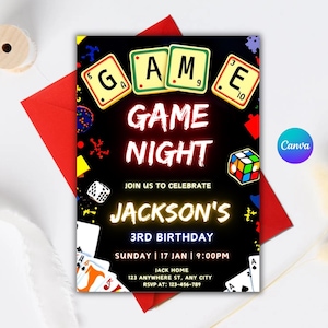 ゲームナイト招待状、ハウスパーティー招待状、ボードゲーム、映画ナイト、ネオン編集可能なファミリーゲームナイト招待状、即時ダウンロード