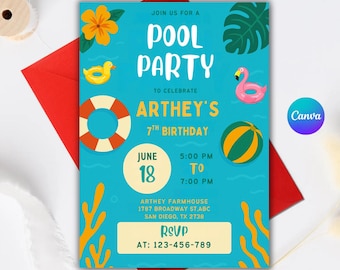 Bearbeitbare Pool-Party-Geburtstagseinladung, Summer Splash (digitale Einladung)