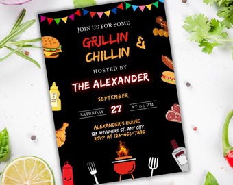 May include: Black and white invitation with colourful flags at the top. The text reads "Join us for some Grillin & Chillin Hosted by The Alexander Saturday September 27 at 06 PM Alexander's House 123 Anywhere St. Any City RSVP at 123-456-7890". The invitation features various barbecue-themed illustrations, including a hamburger, hot dog, chicken leg, and a grill.