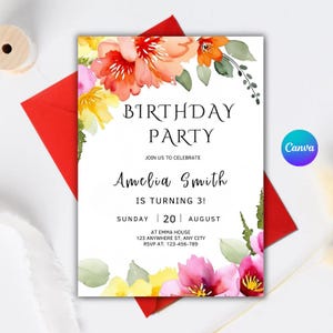 Floral Birthday Party Invitation, Colorful Spring Summer Flowers Invite, Boho Floral Birthday Invite, Instant Download Invite