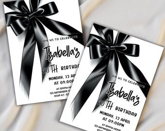 Black Bow Birthday Invitation, Elegant Coquette Invite (Editable Instant Download)