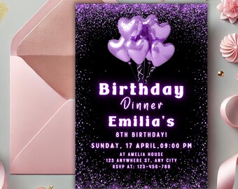 Purple Birthday Dinner Invitation, Birthday Dinner Invite, Purple Digital Birthday Dinner, Dinner Party Invite, Instant Download