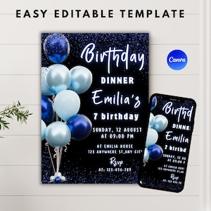 Blue Birthday Dinner Digital Invite, Birthday Dinner Invite, Digital Birthday Dinner, Dinner Party Invite, Instant Download