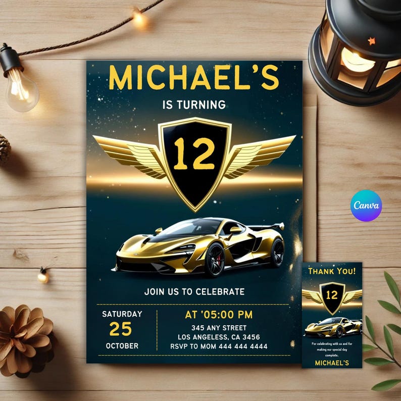 Looking for the best sport car birthday invitation? This editable invitation is perfect for a race car birthday or car-themed party! Instantly download and personalize this boys car invitation for a quick and stylish invitation. Whether you’re planning a Lamborghini birthday or a racing cars party, this supercar invite is a great fit. Plus, a free thank you tag is included! Make your child’s sport car party an event to remember with this modern and sleek car invitation!