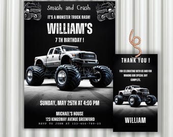 Invito di compleanno a tema Monster Truck, modello modificabile (download immediato)