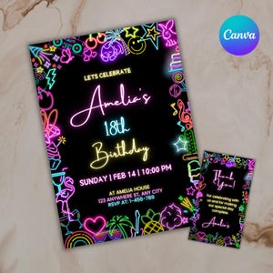 May include: Neon pink, blue, green, and yellow birthday invitation with the text "Lets Celebrate Amelia's 18th Birthday" and details for the party. A smaller thank you card with neon colours and the text "Thank You! For celebrating with us and for making our special day complete. Amelia's" is also included.