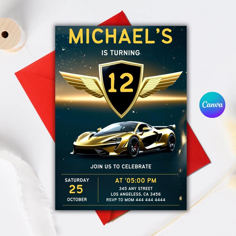Celebrate your child’s love for race cars with this boys' car invitation! This editable invitation features a stylish sport car birthday design that’s perfect for a car-themed party. Easily personalize your car invitation and print it instantly—no waiting required! Whether it’s for a boys birthday, teen evite, or a racing cars party, this supercar invite is sure to impress. A free thank you tag is also included. Get ready for an action-packed sport car party with this easy-to-use car invitation!