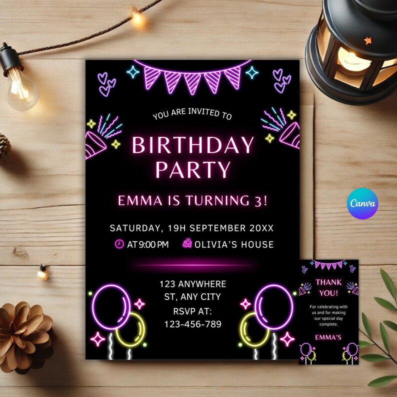 Brighten up your neon party invite with this stunning glow party invite! Perfect for a birthday for girls or birthday for boys, this editable Canva template makes planning a breeze. Download, edit, and send instantly for a hassle-free party!