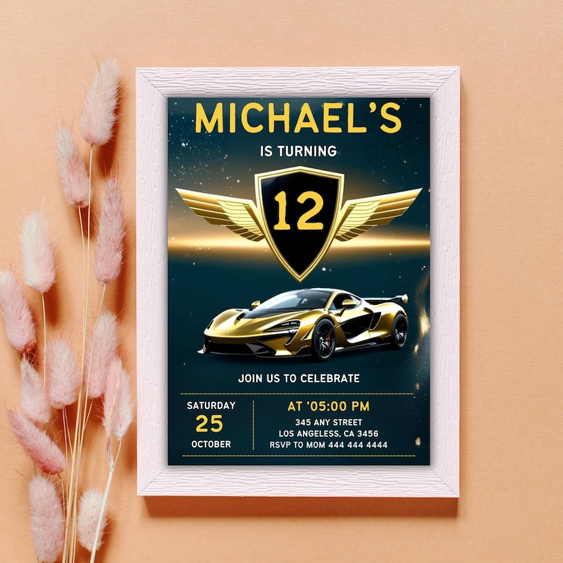 Looking for the perfect sport car birthday invitation? This editable invitation is the ultimate choice for a racing cars party. Featuring a sleek Lamborghini birthday design, this boys car invitation is great for any car-themed party. Instantly download and personalize your race car invitation—no waiting needed! This car invitation is perfect for a boys' birthday, a sport car party, or even a teen evite. A free thank you tag is included to match the theme.