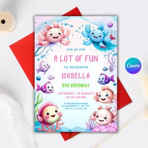Axolotl Birthday Invitation Template, Axolotl Birthday Invite, Girl Axolotl Invite, Printable Axolotls Party Invite, Instant Download