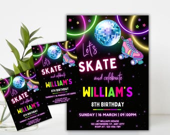 Neon Roller Skate Birthday Invitation, Glow Party (Instant Download)