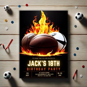 Faire-part d'anniversaire sportif modifiable, invitation sportive All Star, invitation de baseball basket-ball football, thème du sport, imprimable modifiable
