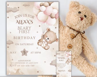 Invitación de osito de peluche para primer cumpleaños, plantilla bohemia beige (descarga digital)