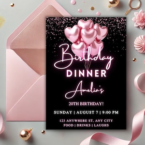 Pink Birthday Dinner Digital Invitation, Birthday Dinner Invite, Digital Birthday Party Evite, Free Thank You Tag, Editable Template