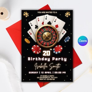 Casino Birthday Invitation, Editable Casino Theme Birthday Invitation, Playing Cards Poker, Casino Night Invite, Editable Canva