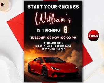 Red Race Car Birthday Invitation, Editable Canva Template