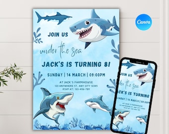 Ocean Shark Birthday Invitation, Editable Canva Template (5x7 Inches)