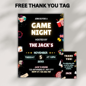 Game Night Invitation, House Party Invite, Board Games Party Invite, Movie Night, Neon Editable Family Games Night Evite Birthday Template