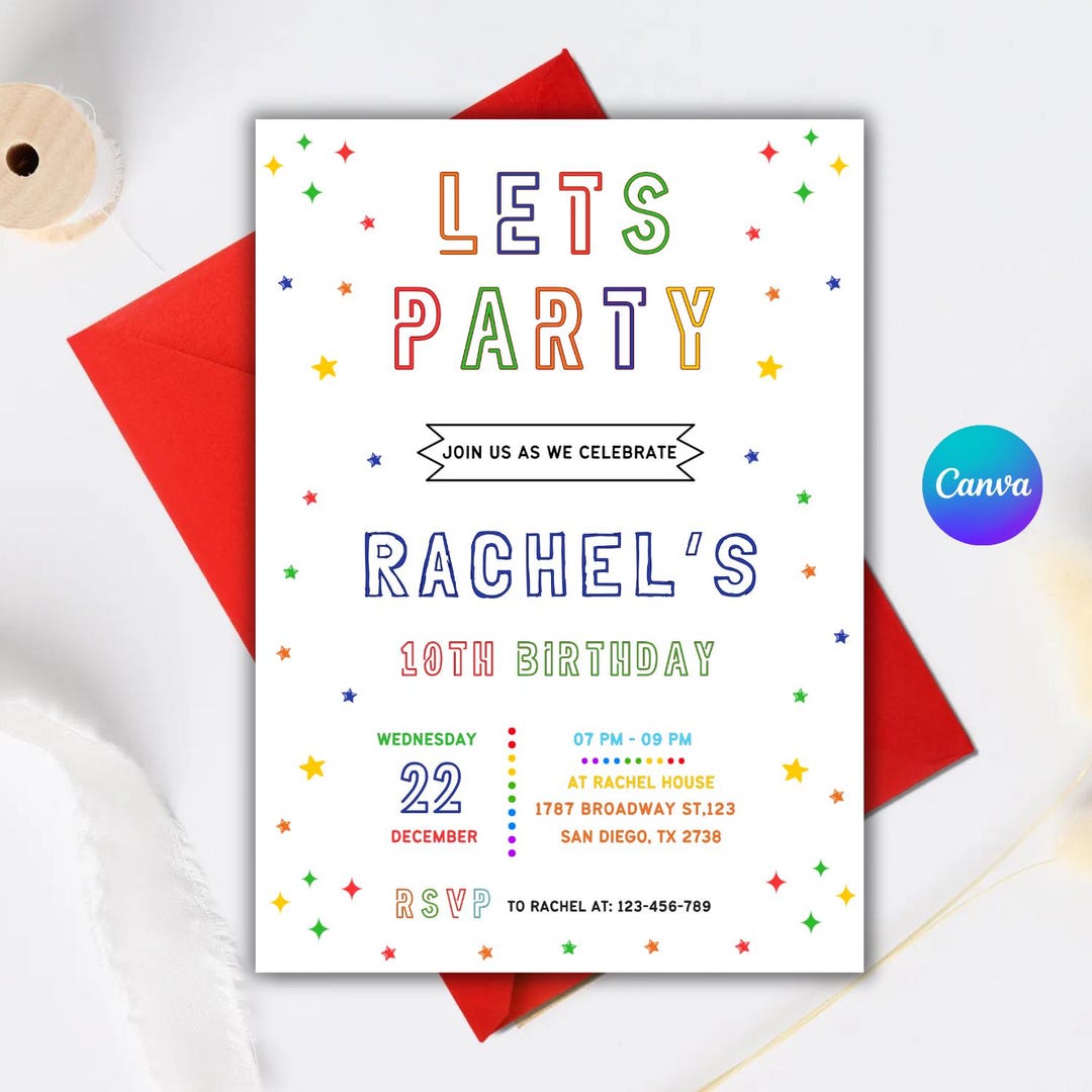 Colorful Birthday Party Invitation, Rainbow Confetti (instant Download ...