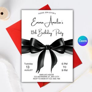 Coquette Black Bow Birthday Template, Minimalist Black Bow Invitation, Black Ribbon Coquette Any Age, Customizable Birthday Evite