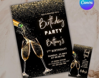 Black and Gold Birthday Dinner Invitation, Editable Canva Template (Digital Download)