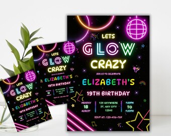 Glow Birthday Party Invitation, Neon Glow Invite, Glow Crazy Birthday Invite, Glow Evite, Glow Party Template, Instant Download