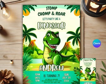 May include: A rectangular party invitation and a matching thank you card featuring a green cartoon dinosaur, palm trees, and volcanoes. The text reads STOMP CHOMP & ROAR, LET'S PARTY LIKE A DINOSAUR, ANDREW IS TURNING 7, and THANK YOU.