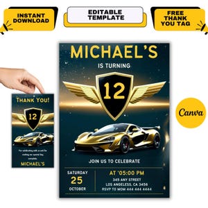 Speed into fun with this sport car invitation! This editable invitation is designed for boys who love race cars and is perfect for a car-themed party. Instantly download, personalize, and print your car invitation in minutes. Whether you’re planning a Lamborghini birthday, a race car birthday, or a sport car party, this boys car invitation is a must-have! Make your racing cars party extra special with this stylish and modern car invitation!