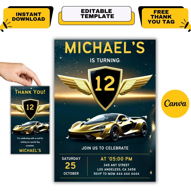 Speed into fun with this sport car invitation! This editable invitation is designed for boys who love race cars and is perfect for a car-themed party. Instantly download, personalize, and print your car invitation in minutes. Whether you’re planning a Lamborghini birthday, a race car birthday, or a sport car party, this boys car invitation is a must-have! Make your racing cars party extra special with this stylish and modern car invitation!