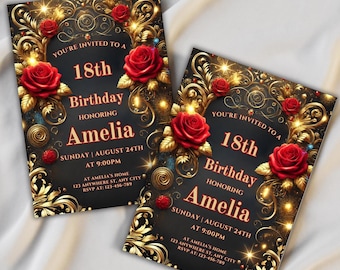 Red and Gold Floral Birthday Invitation Template (Digital Download)