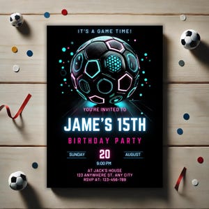Soccer Birthday Invitation, Neon Soccer Invite, Football Birthday Evite, Sports Party Invite, Soccer Party Invite, Instant Download