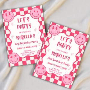 Retro Smiley Birthday Invitation, Pink Checkered Birthday Invite, Preppy Pink Party Invite, Retro Happy Face Evite, Instant Download