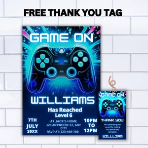 May include: Blue and black gamer themed thank you tag with a glowing video game controller and the text "GAME ON" and "THANK YOU". The tag also includes the text "WILLIAM" and "For celebrating with us and for making our special day complete."