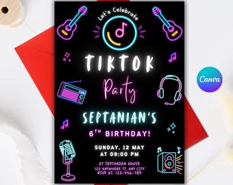 Edytowalne zaproszenie urodzinowe TikTok, zaproszenie na imprezę muzyczną (natychmiastowe pobranie)