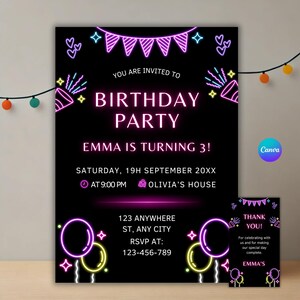 Hosting a birthday celebration? This Neon Lights Birthday Invitation is perfect for a glow party! Edit it in Canva, download instantly, and share via text or email. Great for a birthday for girls or boys—customize and get the party started!