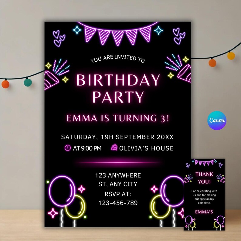 Hosting a birthday celebration? This Neon Lights Birthday Invitation is perfect for a glow party! Edit it in Canva, download instantly, and share via text or email. Great for a birthday for girls or boys—customize and get the party started!