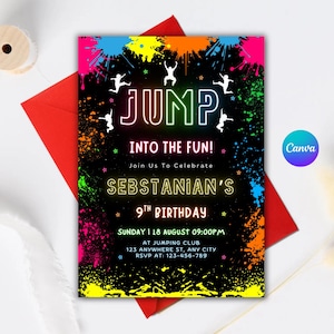 Jump Birthday Invitation, Jump Invite, Trampoline Party, Let&#39;s Jump Party, Bounce Birthday Template, Editable Canva