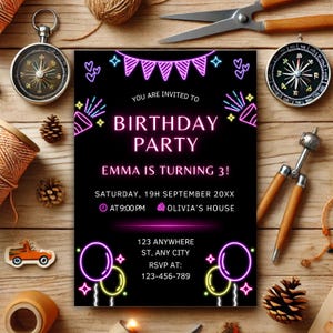 Let’s party! This neon birthday invitation is a must-have for a glowing celebration. Whether for a birthday for boys or a birthday girl, this digital invite is editable, printable, and shareable. Get your surprise party evite today!