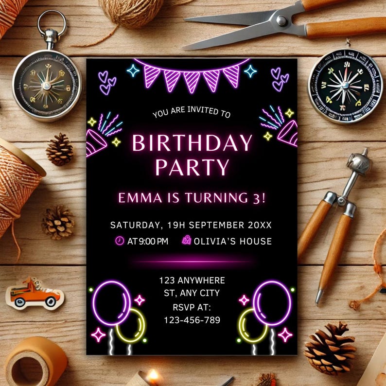 Let’s party! This neon birthday invitation is a must-have for a glowing celebration. Whether for a birthday for boys or a birthday girl, this digital invite is editable, printable, and shareable. Get your surprise party evite today!