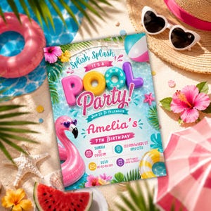 Peut inclure: Une carte d'invitation rectangulaire pour une fête à la piscine avec le texte Splish Splash It's a Pool Party! Amelia's 7th Birthday. Le design présente une bouée flamant rose, des anneaux de piscine colorés, des hibiscus et des feuilles tropicales.