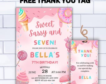 Invitación de cumpleaños editable, dulce y atrevida, con temática de dulces (descarga instantánea)
