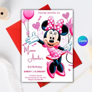 Bewerkbare Minnie Mouse verjaardagsuitnodiging, schattige Minnie Mouse sjabloon, roze Minnie Evite, Oh Twodles uitnodiging, Instant Download