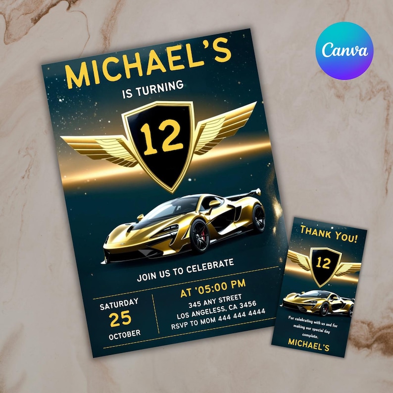 Plan the ultimate race car birthday with this editable invitation! Perfect for a boys' birthday, this car invitation is designed for speed-loving kids. Instantly download and edit your sport car invite with ease. Whether it’s a Lamborghini birthday, a racing cars party, or a car-themed party, this supercar invite is a perfect fit. This race car invitation is ideal for those who love cars invitations and want a fast, easy, and professional touch to their event.
