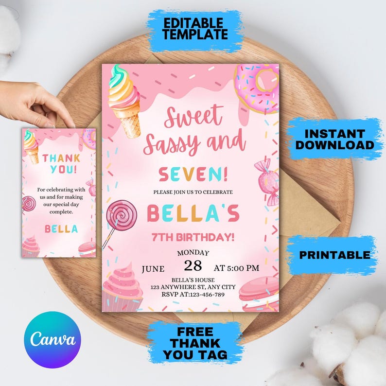 Editable Sweet and Sassy Birthday Invitation, Sweets Theme (instant ...