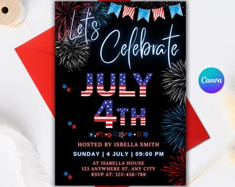 Fireworks July 4th Invitation, USA Party, Editable Template (Canva)