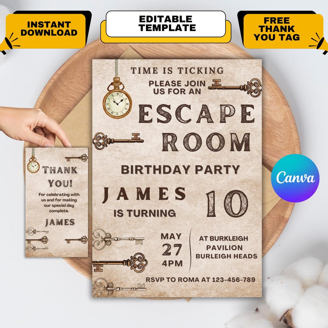 Invitation Room Escape Room Birthday Invitation, Mystery Party, Editable Canva (digital ...